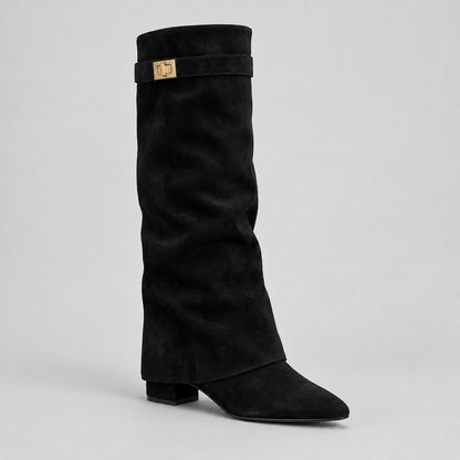Women's Knee High Boots with Low Block Heel & Gold Buckle Detail