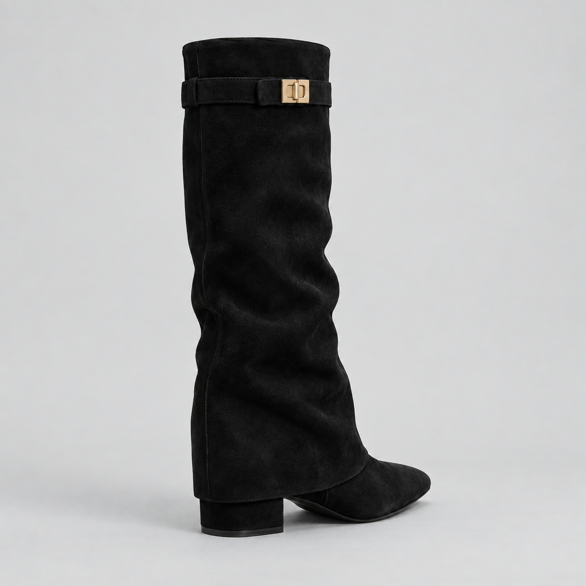 Women's Knee High Boots with Low Block Heel & Gold Buckle Detail