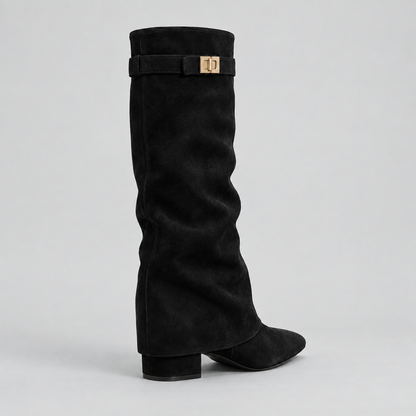 Women's Knee High Boots with Low Block Heel & Gold Buckle Detail