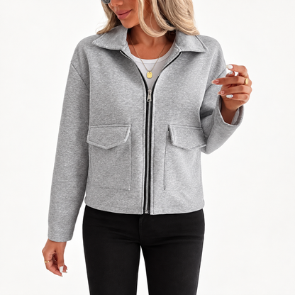 Women's Grey Zip-Up Utility Overshirt - Long Sleeve with Flap Pockets