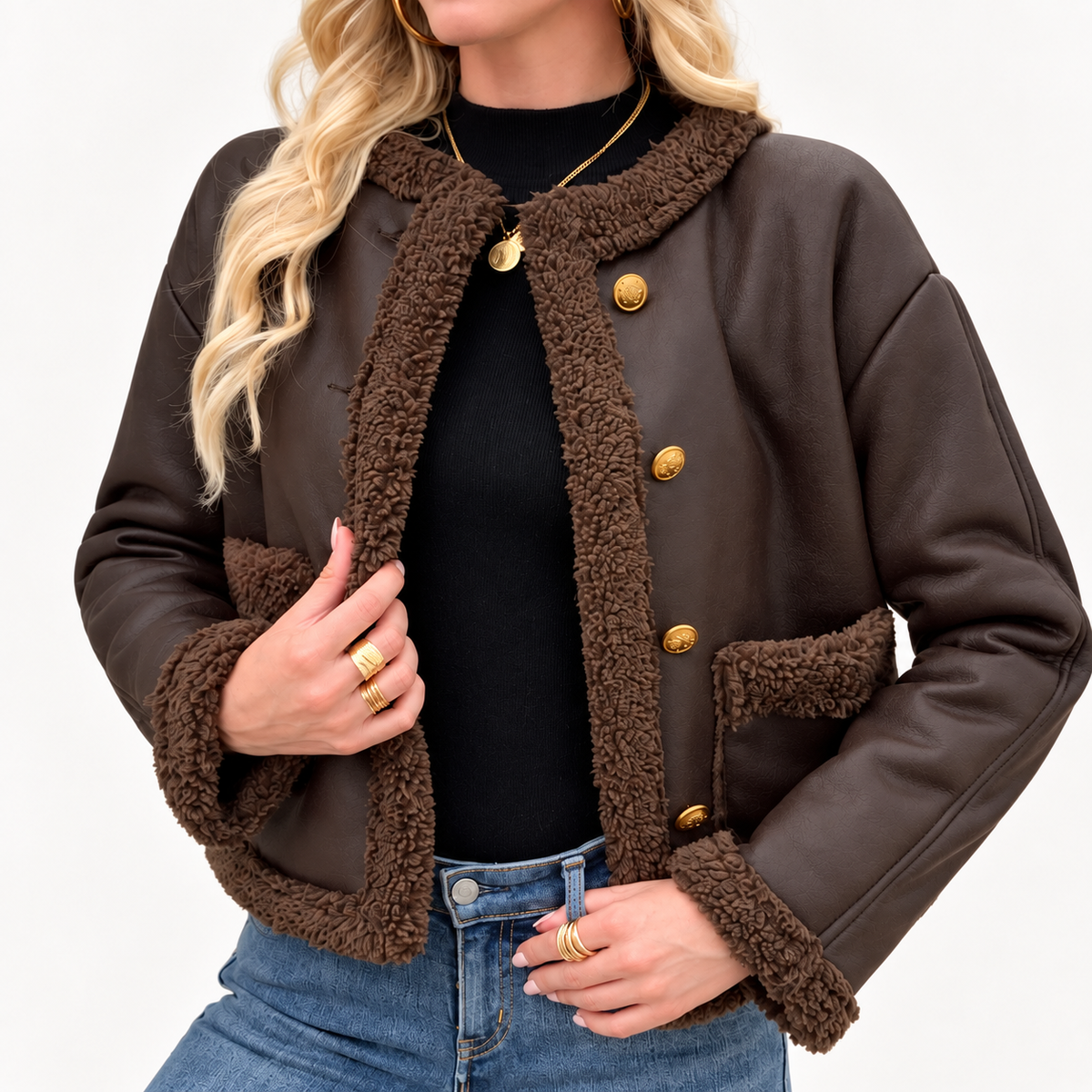 Women's Brown Shearling Trim Jacket - Cropped Faux Leather Winter Coat