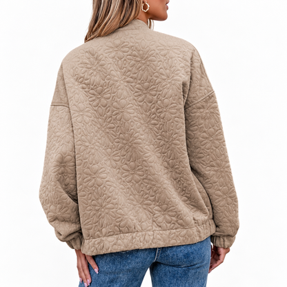 Women's Beige Quilted Jacket | Zip-Up Long Sleeve Outerwear with Front Pockets
