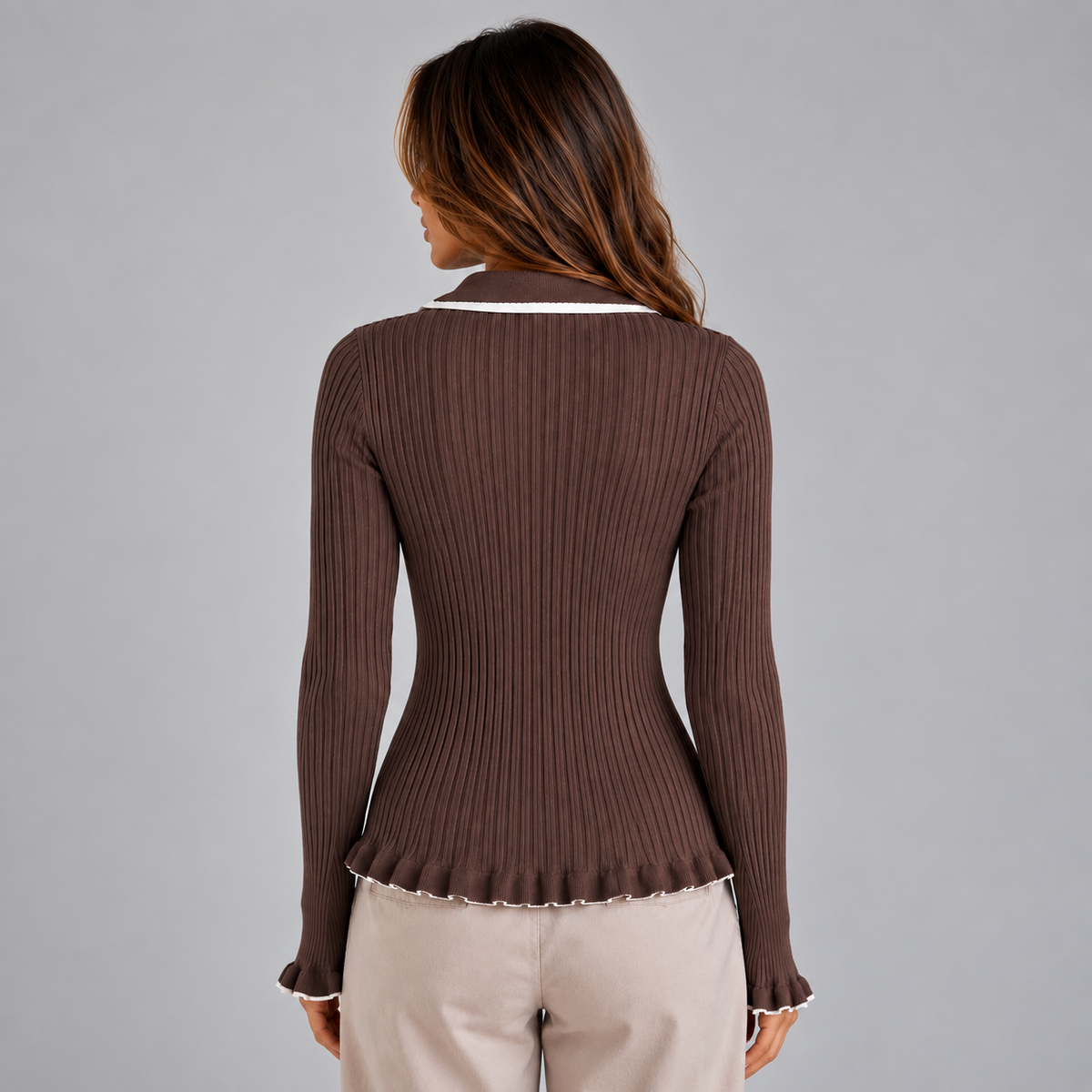 Women's Ribbed Knit Long Sleeve Top | Contrast Collar & Gold Buttons