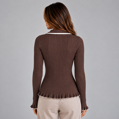 Women's Ribbed Knit Long Sleeve Top | Contrast Collar & Gold Buttons
