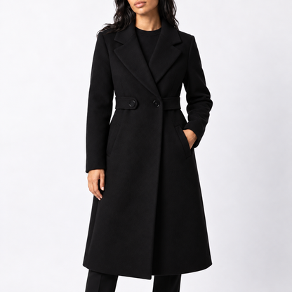 Women's Long Belted Wool Winter Coat with Wide Lapels and Side Pockets