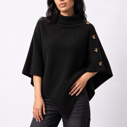 Women's Knitted Turtleneck Poncho with Buttons and Asymmetric Hem