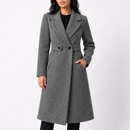 Women's Long Belted Wool Winter Coat with Wide Lapels and Side Pockets