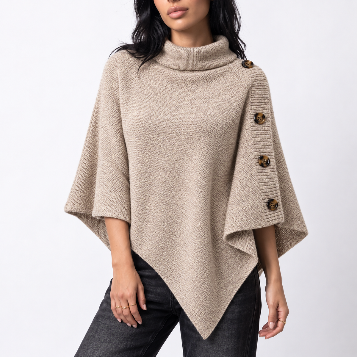 Women's Knitted Turtleneck Poncho with Buttons and Asymmetric Hem