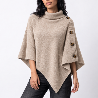 Women's Knitted Turtleneck Poncho with Buttons and Asymmetric Hem
