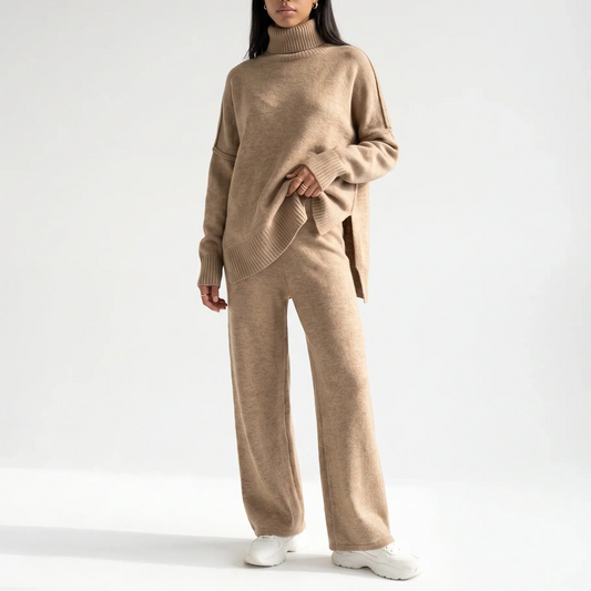 Women's Knitted Lounge Set – Turtleneck Jumper & Wide-Leg Trousers