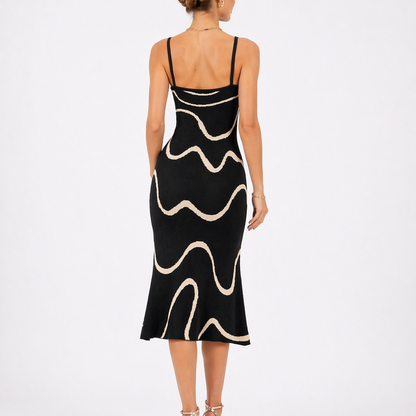 Women's Black Sleeveless Knit Midi Dress with Mermaid Hem