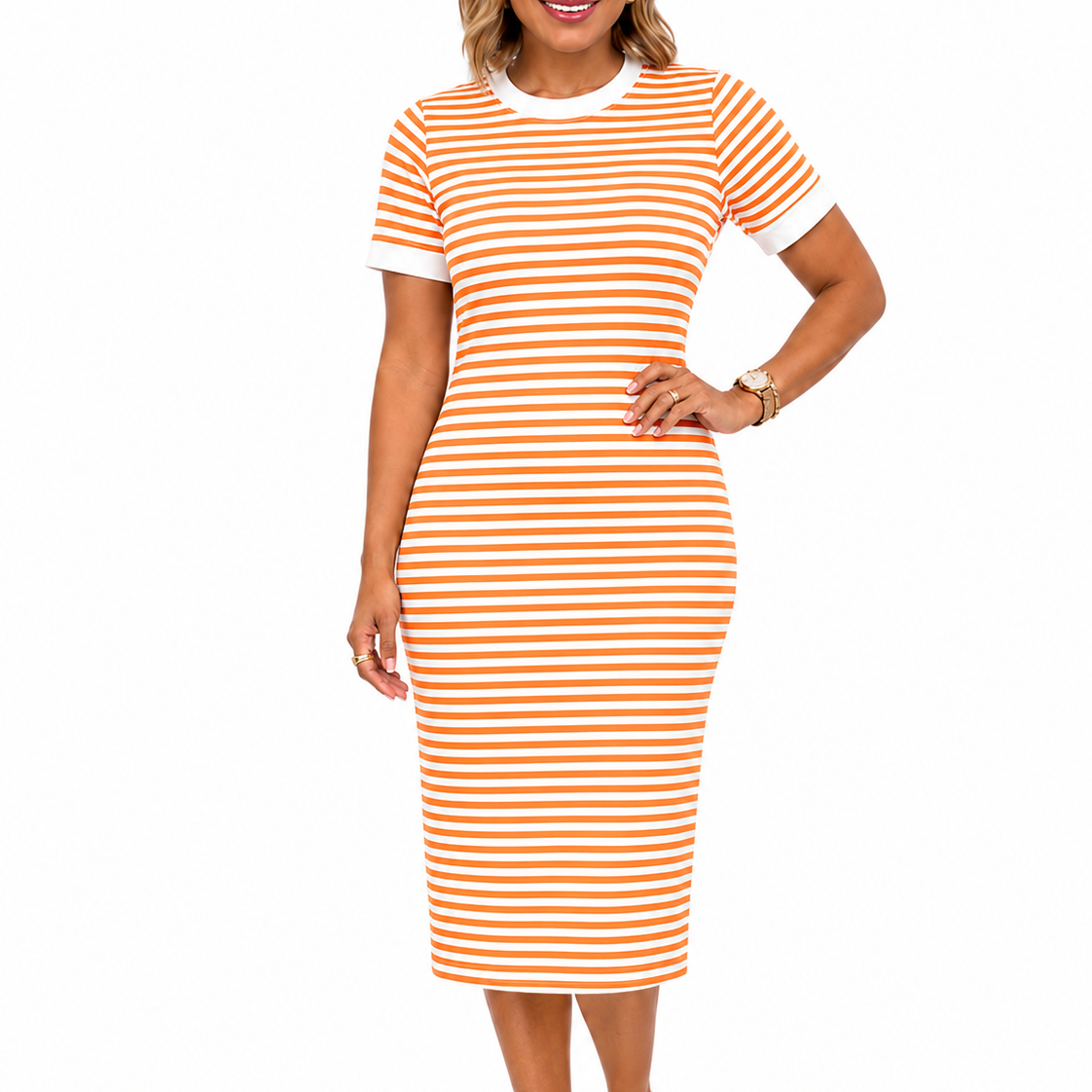Women's Black and White Striped Midi T-Shirt Dress