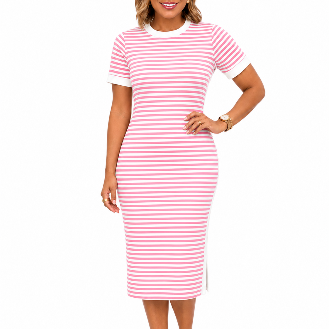 Women's Black and White Striped Midi T-Shirt Dress