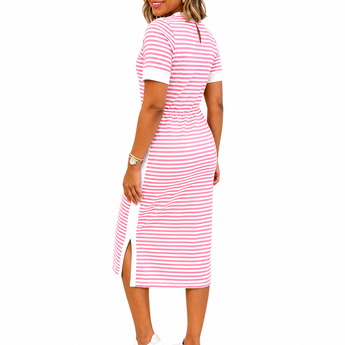 Women's Black and White Striped Midi T-Shirt Dress