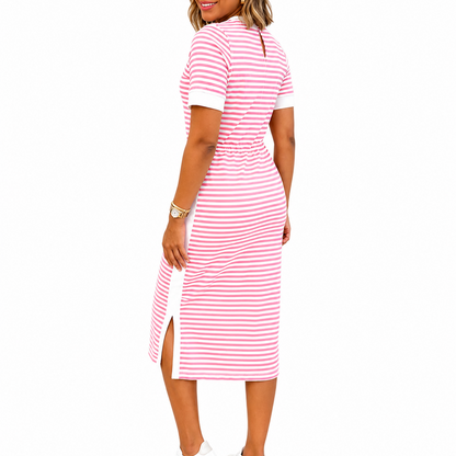 Women's Black and White Striped Midi T-Shirt Dress