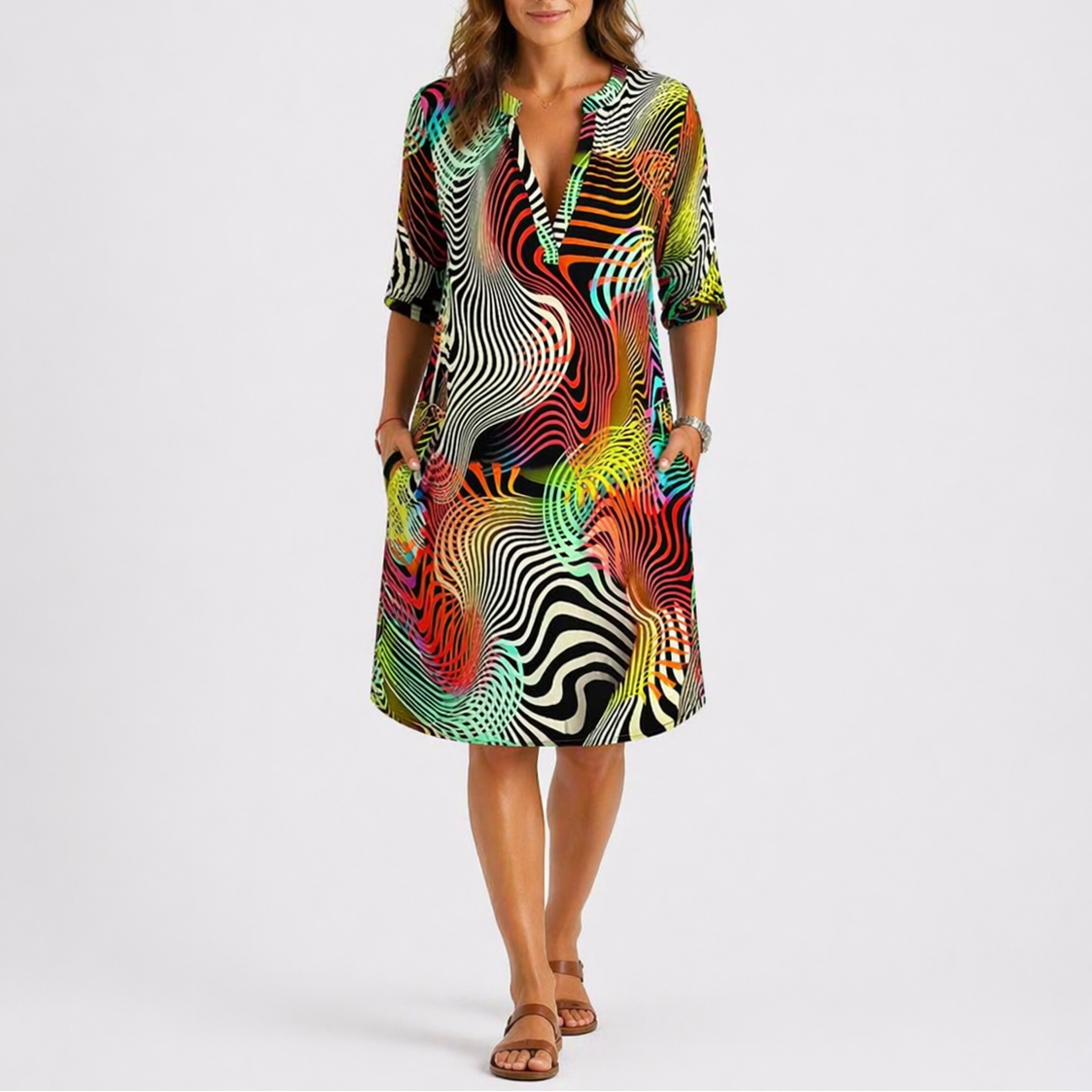 Women's Abstract Print Midi Dress – Lightweight Fabric