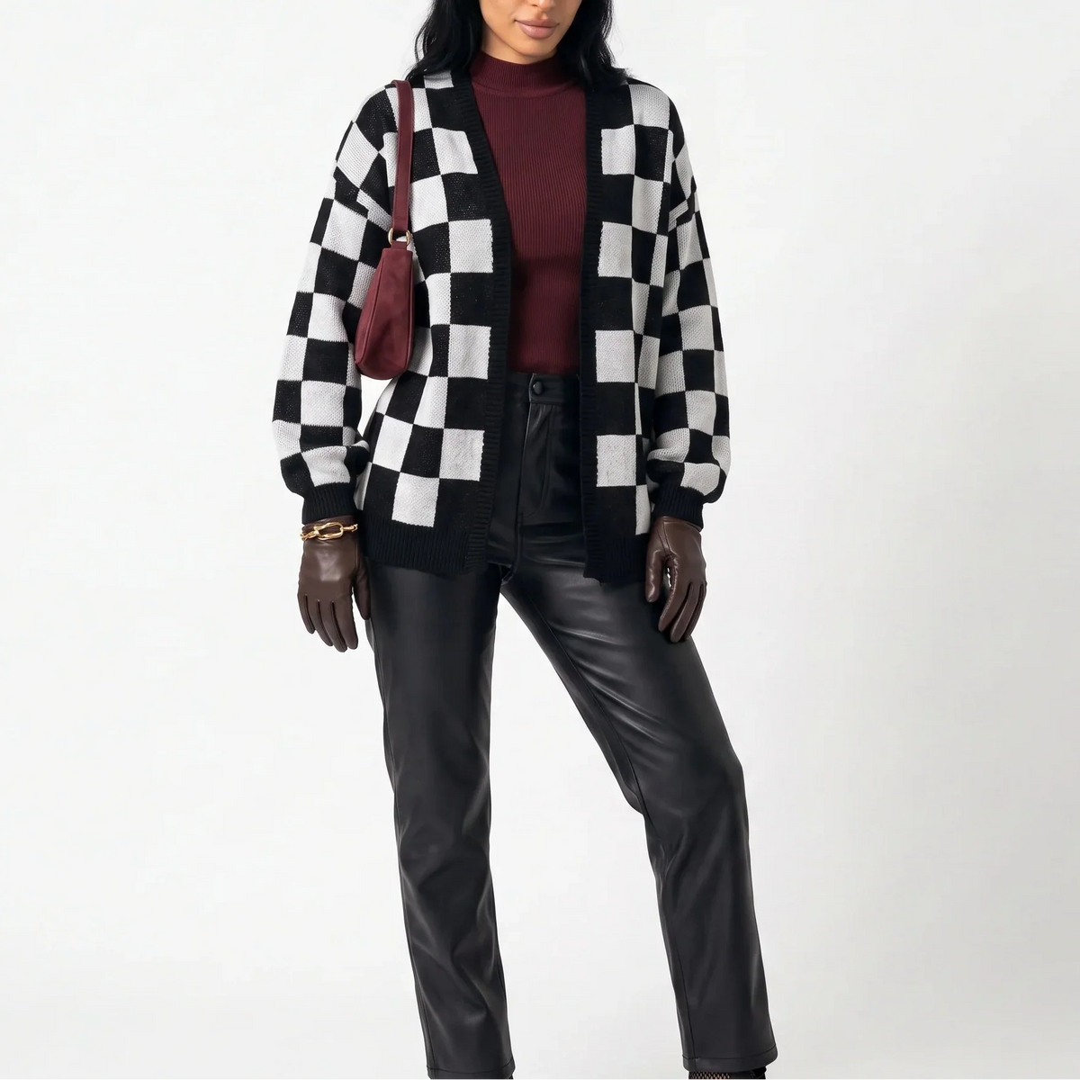Women's Checkerboard Knit Cardigan – Relaxed Fit Casual Sweater Jacket