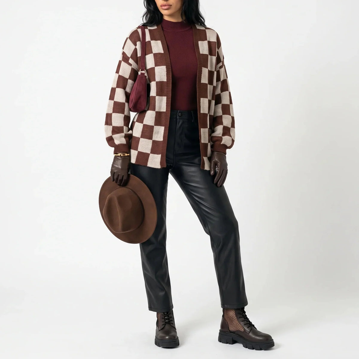 Women's Checkerboard Knit Cardigan – Relaxed Fit Casual Sweater Jacket