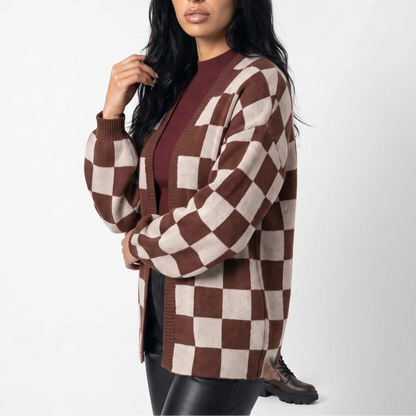 Women's Checkerboard Knit Cardigan – Relaxed Fit Casual Sweater Jacket