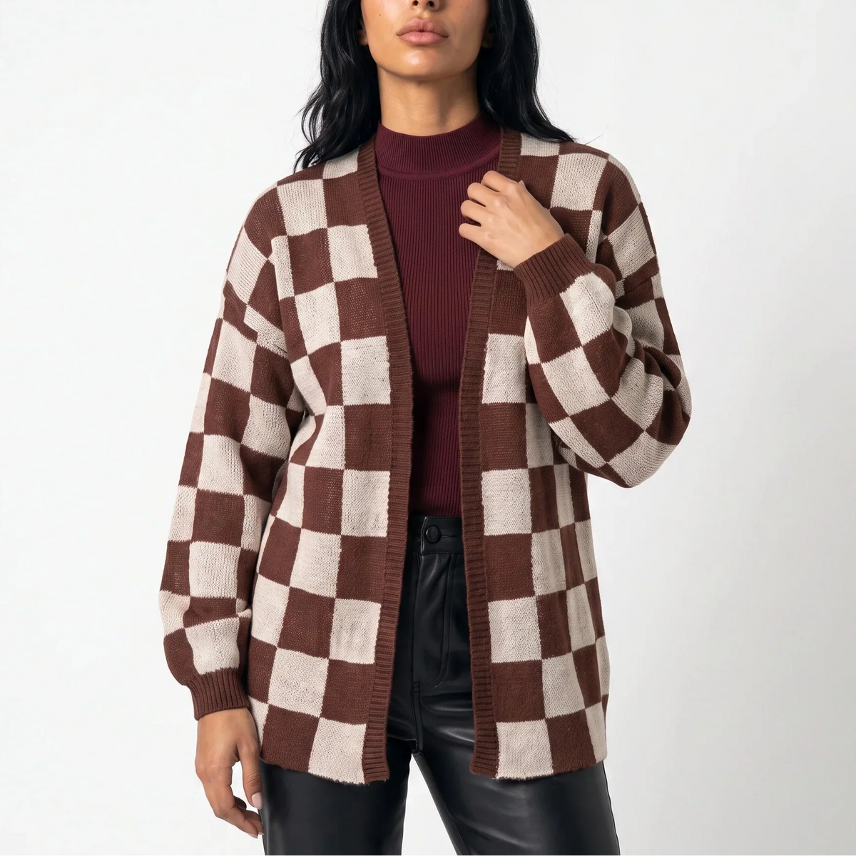 Women's Checkerboard Knit Cardigan – Relaxed Fit Casual Sweater Jacket
