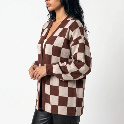 Women's Checkerboard Knit Cardigan – Relaxed Fit Casual Sweater Jacket