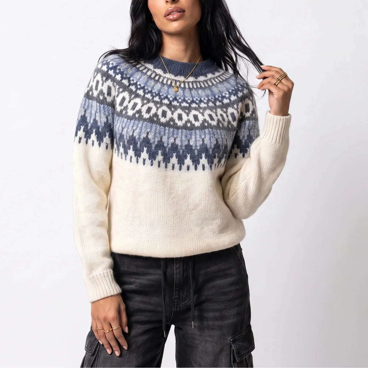 Women's Fair Isle Knit Jumper - Nordic Pattern in Ivory