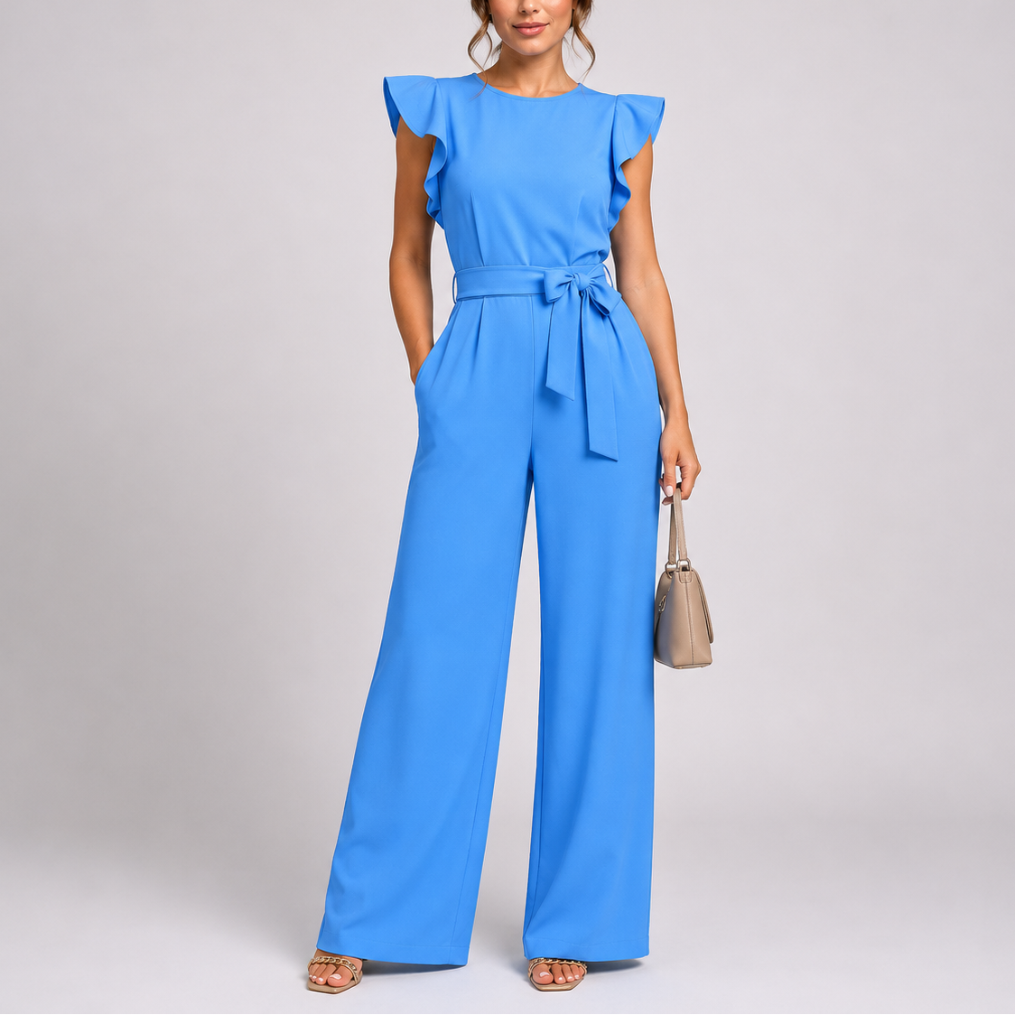 Women's Elegant Wide-Leg Jumpsuit with Ruffle Sleeves