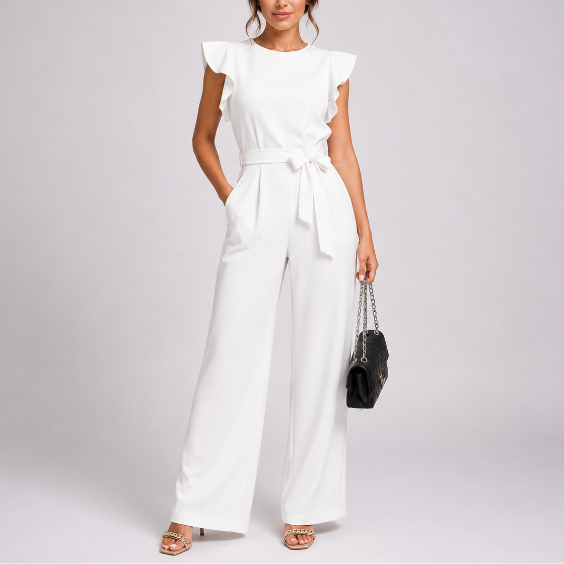 Women's Elegant Wide-Leg Jumpsuit with Ruffle Sleeves