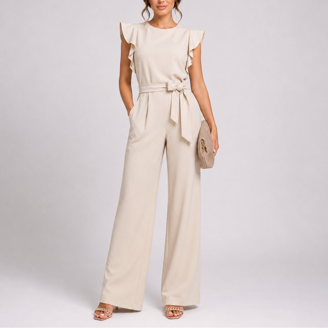 Women's Elegant Wide-Leg Jumpsuit with Ruffle Sleeves