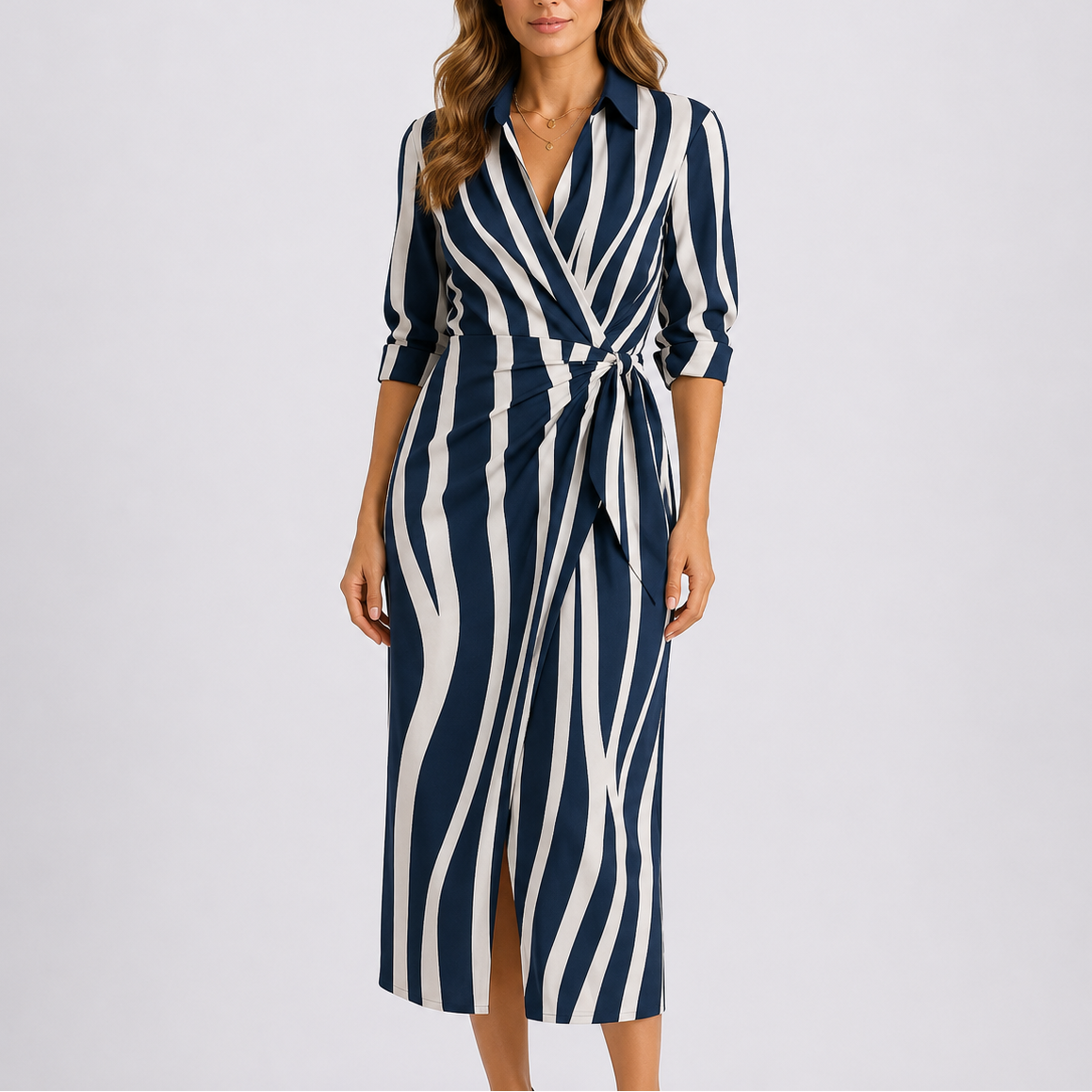 Women's Casual Elegant Midi Dress – V-Neck Tie Waist Wrap Dress