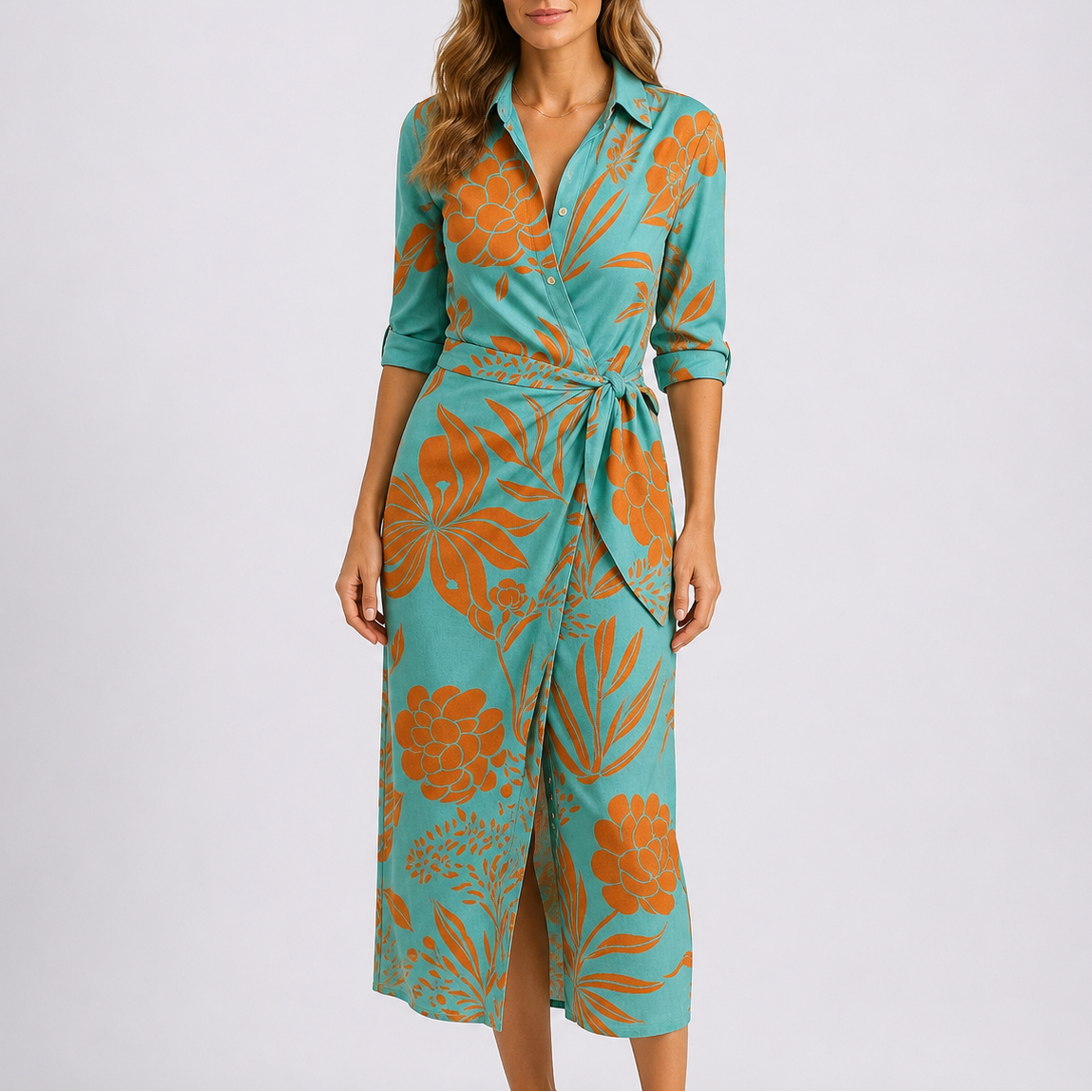Women's Casual Elegant Midi Dress – V-Neck Tie Waist Wrap Dress
