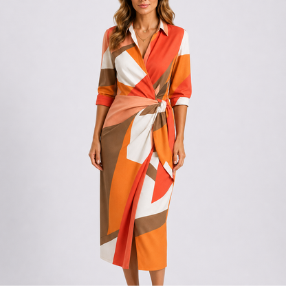 Women's Casual Elegant Midi Dress – V-Neck Tie Waist Wrap Dress