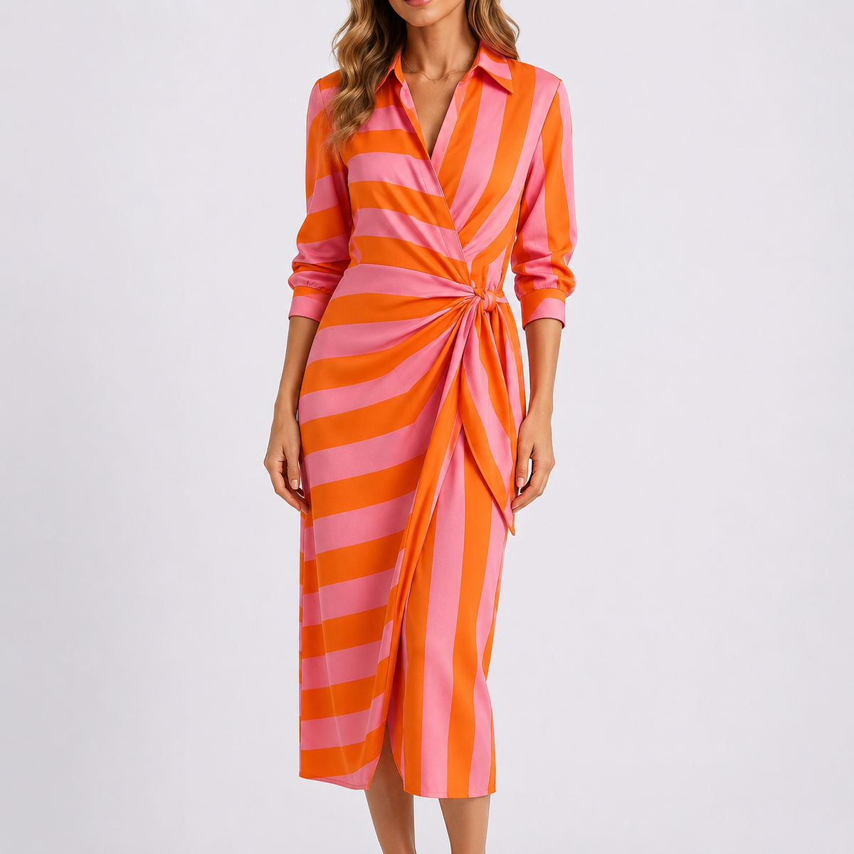 Women's Casual Elegant Midi Dress – V-Neck Tie Waist Wrap Dress